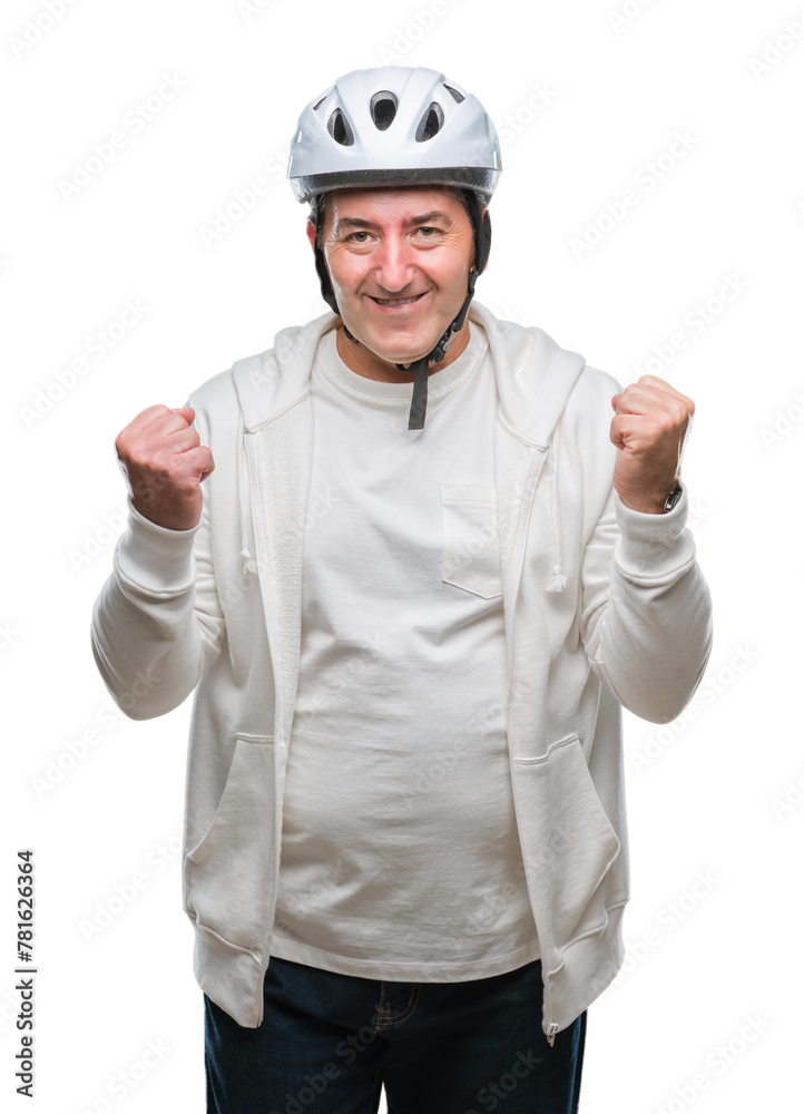 Handsome senior cyclist man wearing bike helmet over isolated background screaming proud and celebrating victory and success very excited, cheering emotion Handsome senior cyclist man wearing bike helmet over isolated background screaming proud and celebrating victory and success very excited, cheering emotion