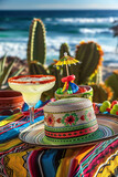 Cinco de Mayo,Mexican colorful summer fiesta party,sombrero hat,maracas margarita cocktail,table colorful Mexican decorations. With the exotic beach 