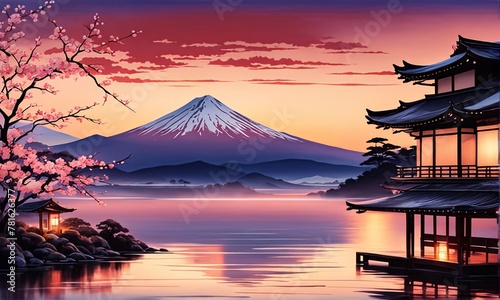 Japanese pagoda set against iconic Mount Fuji  capturing essence of traditional Japanese landscape  architecture. For art  creative projects  fashion  style  advertising campaigns  web design  print.
