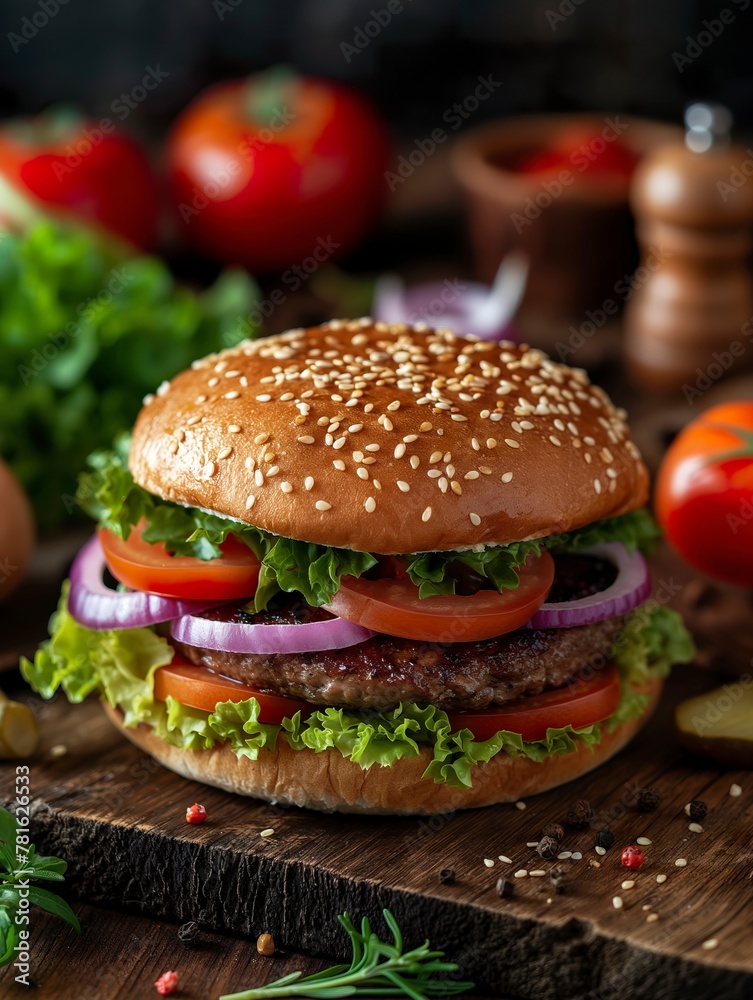 Ideal for commercial promos, a delectable burger with steam rising from the beef patty, melted cheese, and fresh toppings Ideal for commercial promos, a delectable burger with steam rising from the beef patty, melted cheese, and fresh toppings