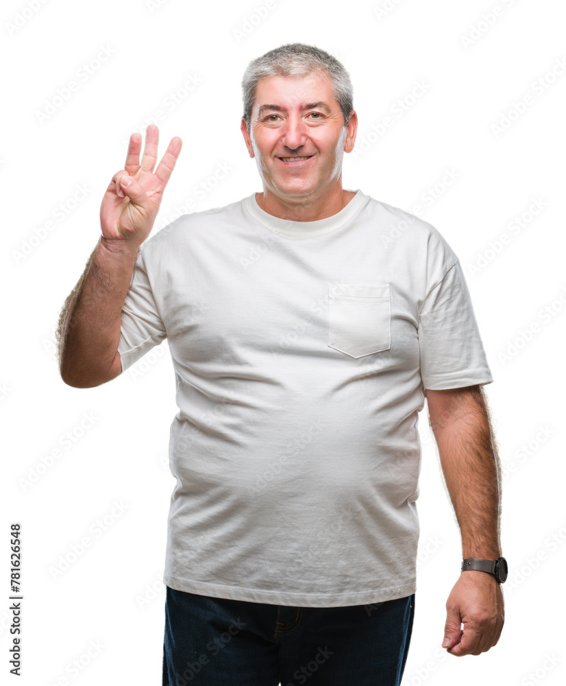 Handsome senior man over isolated background showing and pointing up with fingers number three while smiling confident and happy. Handsome senior man over isolated background showing and pointing up with fingers number three while smiling confident and happy.