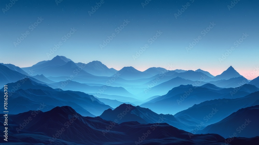Minimalist mountain scene at dawn, with clear skies and a fresh, invigorating atmosphere