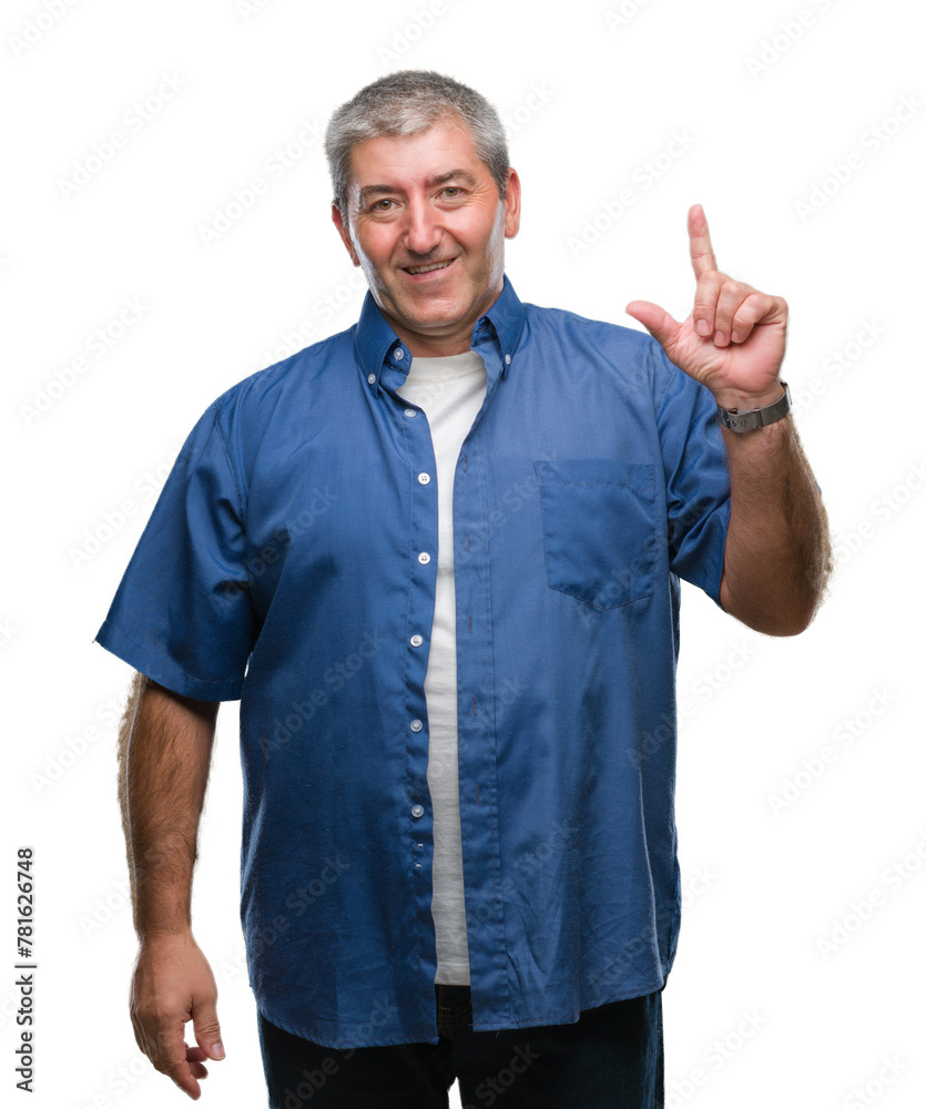 Handsome senior man over isolated background pointing finger up with successful idea. Exited and happy. Number one.