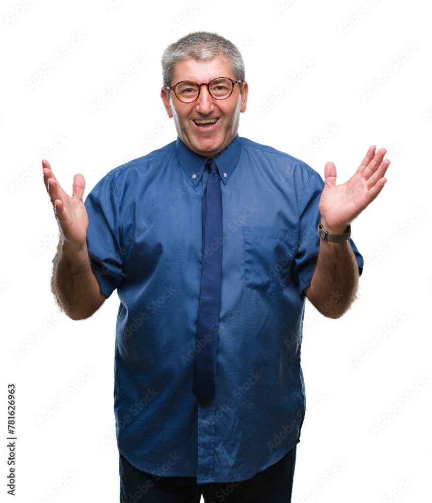 Handsome senior business man over isolated background celebrating mad and crazy for success with arms raised and closed eyes screaming excited. Winner concept Handsome senior business man over isolated background celebrating mad and crazy for success with arms raised and closed eyes screaming excited. Winner concept