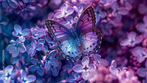 A magical scene of a delicate butterfly resting on the vibrant purple petals of a lilac bush, its wings adorned with intricate patterns that mesmerize the viewer. © CREATER CENTER