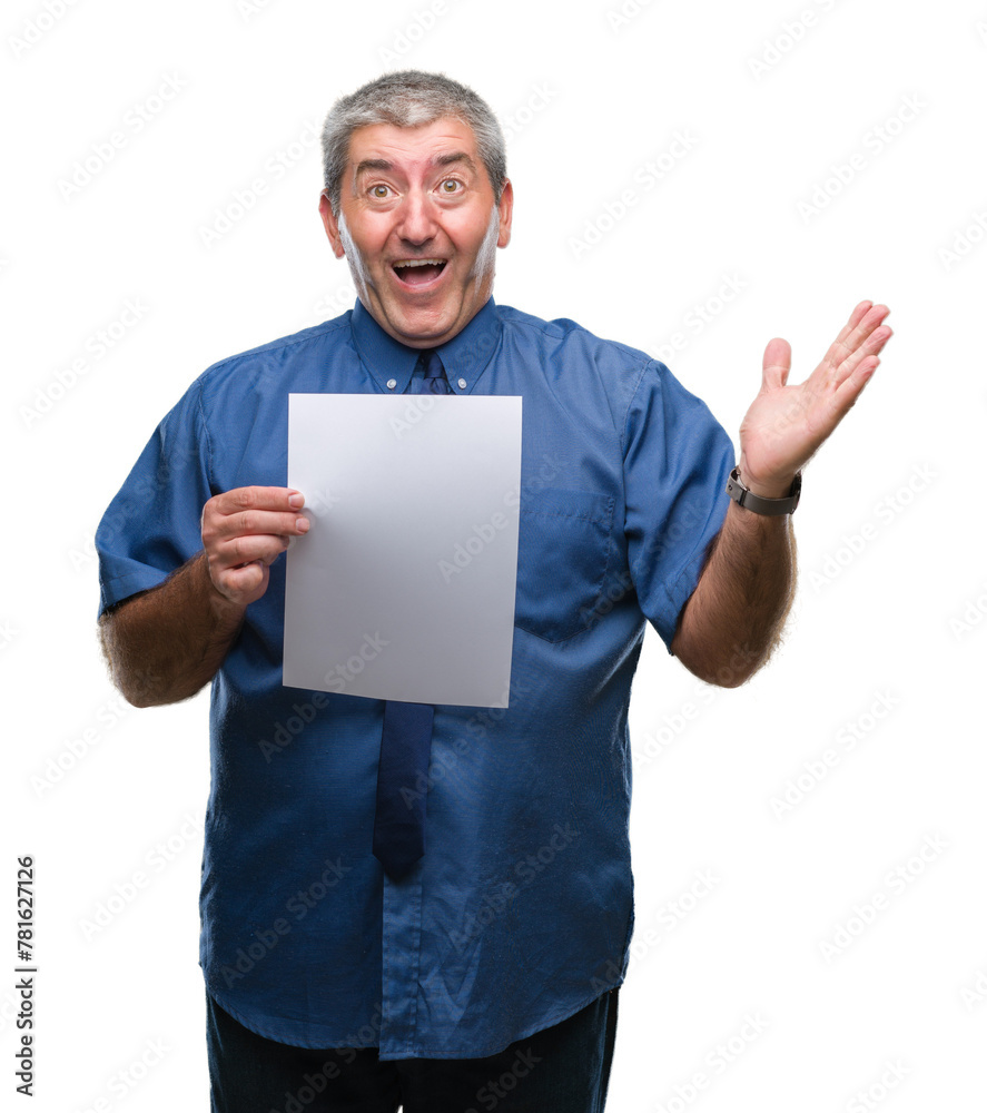 Handsome senior man holding blank sheet paper over isolated background very happy and excited, winner expression celebrating victory screaming with big smile and raised hands Handsome senior man holding blank sheet paper over isolated background very happy and excited, winner expression celebrating victory screaming with big smile and raised hands