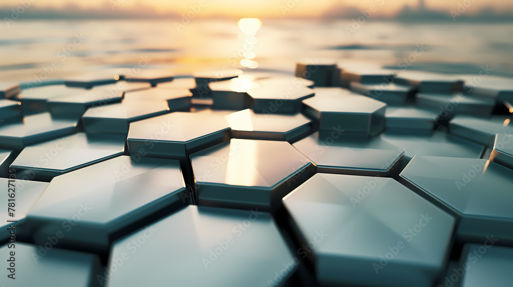 Obraz premium Abstract landscape of hexagonal shapes at sunset with reflective surface