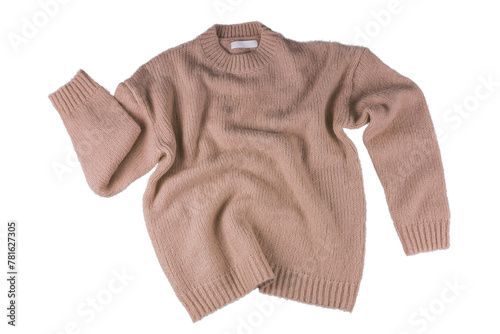 Brown flying crumpled women's autumn knitted sweater isolated on white, transparent background. Creative clothing concept, trendy cozy creasy jersey pullover. Fashion, sale, autumn discount photo