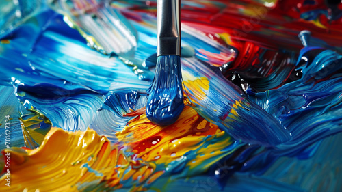 High-speed capture of a paintbrush swirling in a palette of liquid acrylics, capturing the fluidity of the medium.