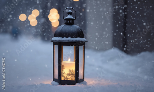 The lantern glows brightly against the snowy night  casting a warm light on the cold ground. The snow is undisturbed  emphasising the contrast between the bright light and the dark surroundings.