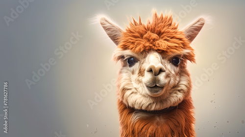 A cute, fluffy llama with a big, wide smile on its face. The llama is looking directly at the camera, making it seem like it's inviting the viewer to come closer. The scene is bright and cheerful photo