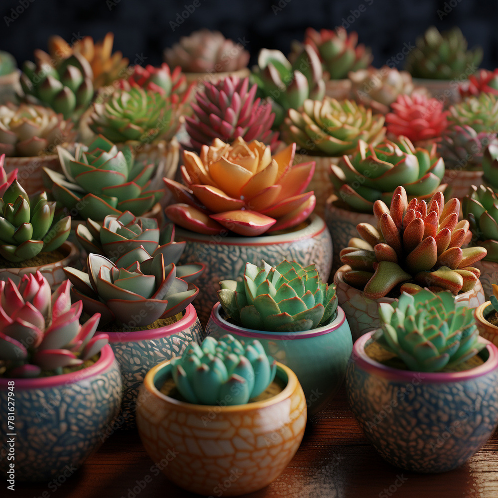 Many beautiful succulents in colorful pots.