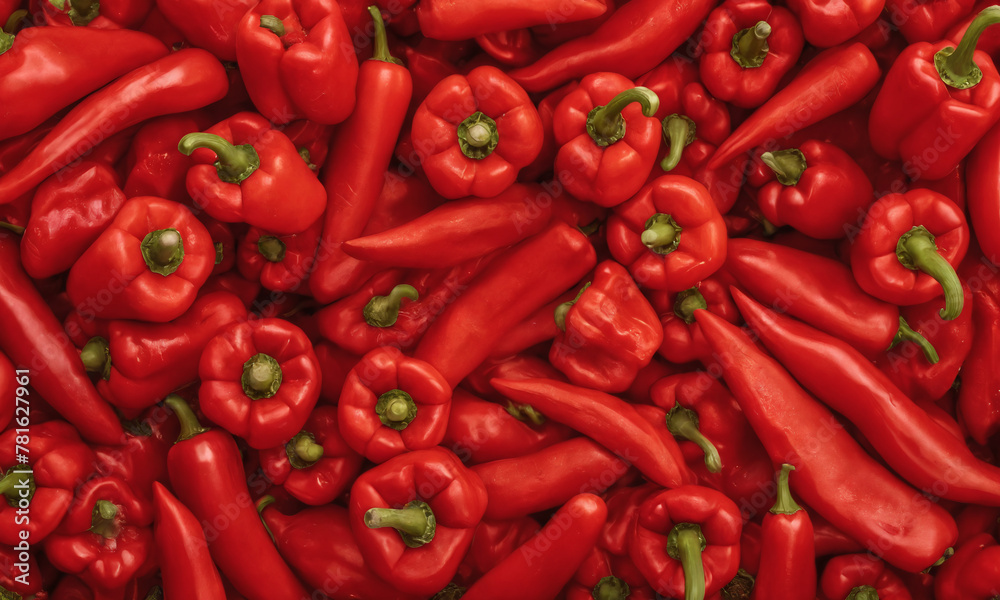 Close-up view of a pile of bright red peppers with green stems stacked on top of each other. The peppers are fresh and ripe, showing off their shiny texture and distinctive shape. Close-up view of a pile of bright red peppers with green stems stacked on top of each other. The peppers are fresh and ripe, showing off their shiny texture and distinctive shape.