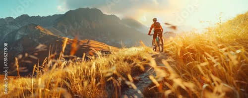 A view of the rider on the bicycle in the beutiful moutain path vwith sunset and nice landscape views. photo