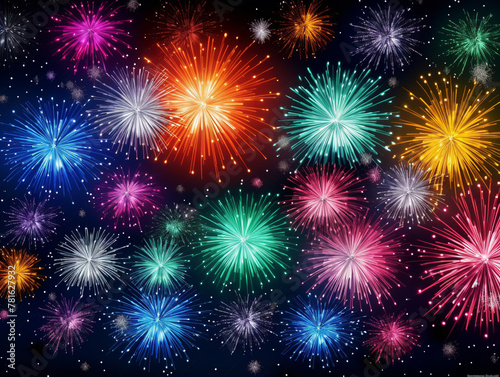 An image of a bright multicolored fireworks display on a dark background.