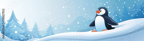 A cartoon penguin sliding down a slope with ads  symbolizing streamlined ad campaigns  isolated background  text space