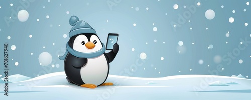 A cartoon penguin on ice  scrolling through social media  denoting cool trends  bright and clean  room for text