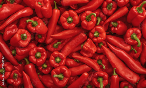 Close-up view of a pile of bright red peppers with green stems stacked on top of each other. The peppers are fresh and ripe, showing off their shiny texture and distinctive shape.
