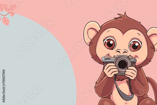 A cute cartoon monkey with a camera, representing influencer marketing, on an isolated background, room for text