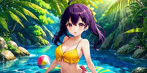 Cute anime girl in swimsuit, jungle, anime wallpaper