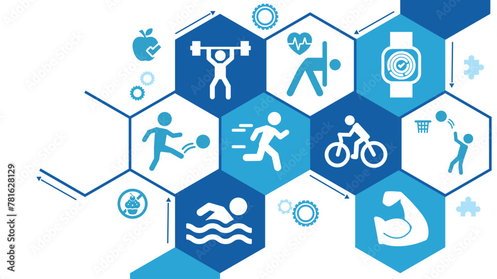 Sports vector EPS 10. Blue concept with no people and icons related to exercising, training and fitness, heart health, healthy and sportive active lifestyle Sports vector EPS 10. Blue concept with no people and icons related to exercising, training and fitness, heart health, healthy and sportive active lifestyle