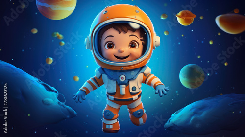 ai generative illustration of a young small cartoon astronaut in space
