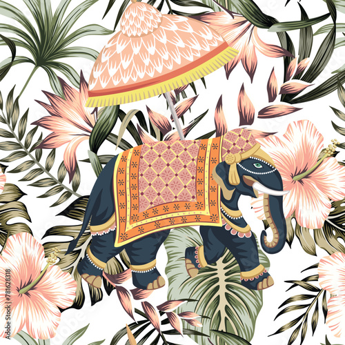 Indian elephant with umbrella, tropical palm leaves and pink flowers seamless pattern. Jungle vintage wallpaper	