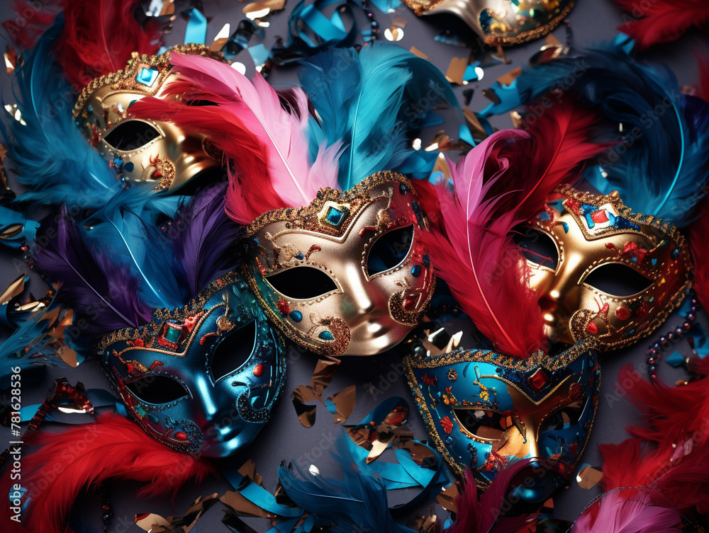 Abstract illustration of beautiful carnival masks with feathers. The background.	