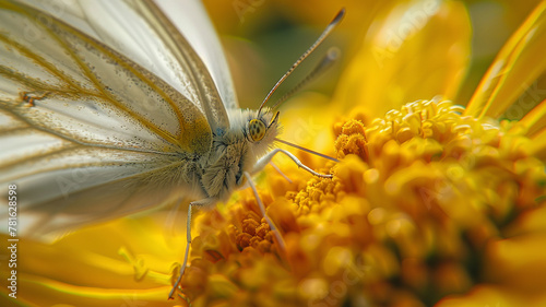 Extreme close-up of a butterfly's delicate proboscis as it approaches a yellow flower, capturing the intricacies of pollination.