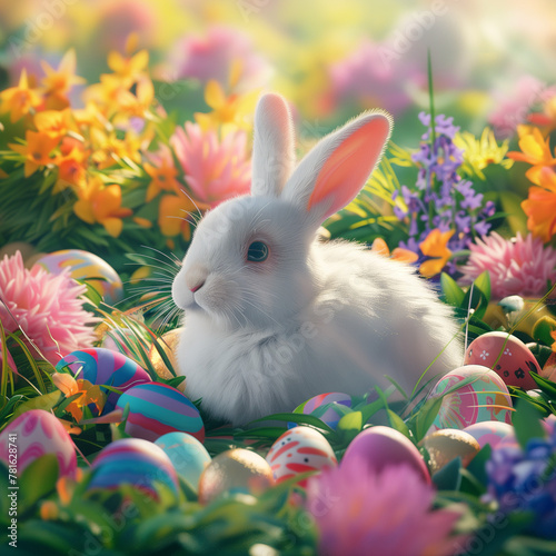 Serene White Rabbit Amidst Vibrant Easter Eggs and Spring Flowers © Tatiana Fl
