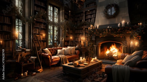 Luxury living room with fireplace, armchair, pillows and books. 3d rendering