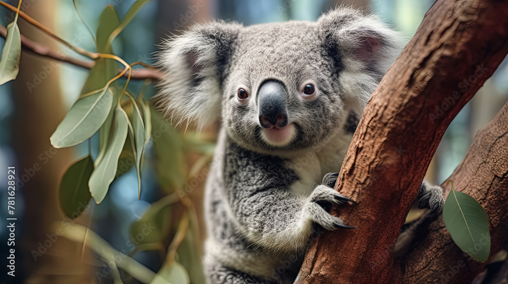 A koala is sitting on a tree branch. The koala is looking at the camera and he is smiling A koala is sitting on a tree branch. The koala is looking at the camera and he is smiling
