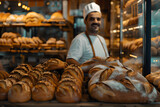 Happy baker in uniform with the bread in the background