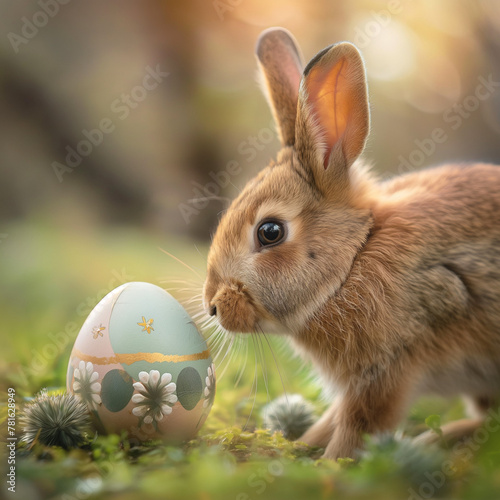 Enchanted Tan Rabbit Gazing at a Decorated Egg Amidst Spring Flora