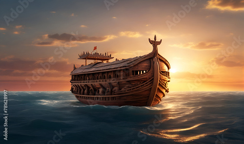 An ancient, huge ship like Noah's Ark floats on the waves. photo