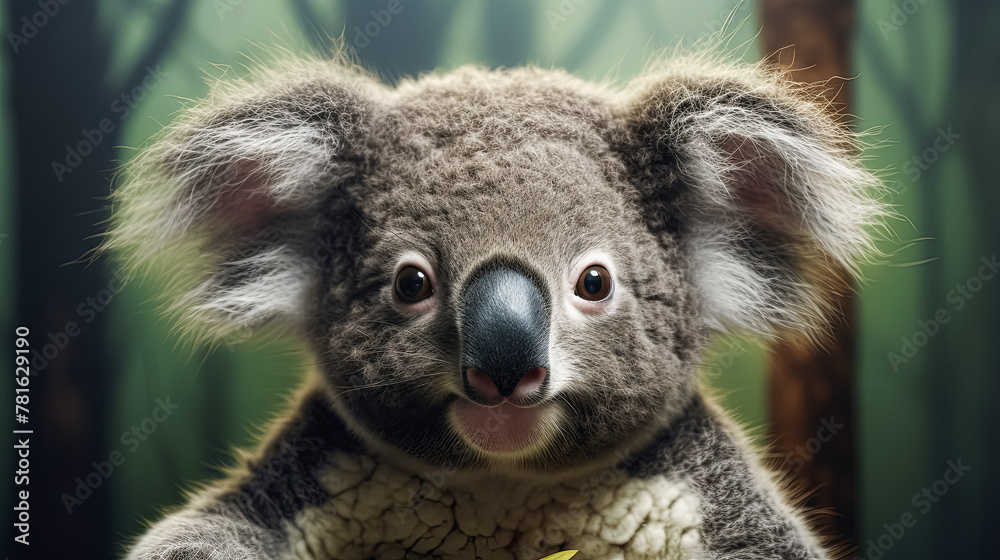 Fototapeta premium A koala is sitting on a tree branch. The koala is looking at the camera and he is smiling