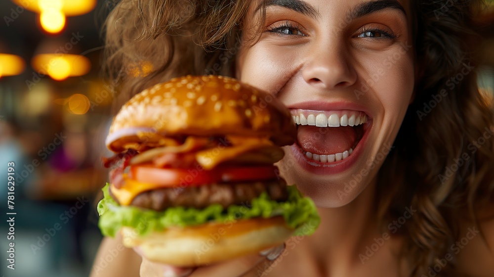 Delighted female holding a commercial, delicious cheeseburger with lettuce and tomato, ingredients flying joyfully around.