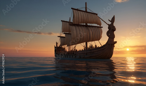 An ancient wooden ship sails the waves.