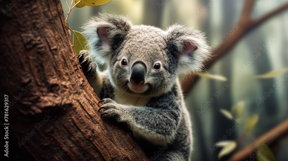 Obraz premium A koala is sitting on a tree branch. The koala is looking at the camera and he is smiling