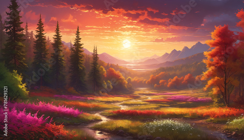A beautiful, colorful, and picturesque countryside scene with a river running through it. The landscape is filled with wildflowers, trees, and mountains in the background.