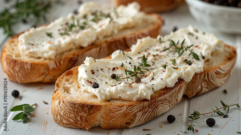 White bread with cream cheese and herbs on it with white background. Generated by artificial intelligence. White bread with cream cheese and herbs on it with white background. Generated by artificial intelligence.