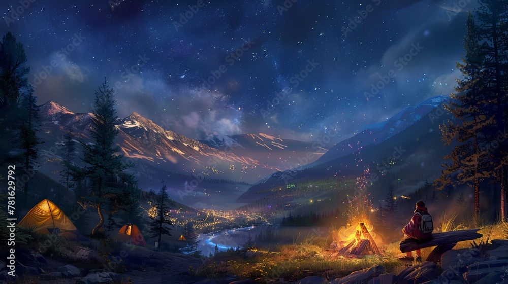 Hikers relax on a log bench by their tents, watching a campfire glow under a starlit sky. In the distance, mountains and a town's lights twinkle.