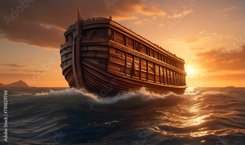 An ancient, huge ship like Noah's Ark floats on the waves. photo