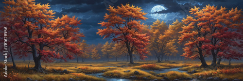 Tranquil autumn scene: river flowing between trees under night sky with full moon, clouds, and stars, creating a serene and peaceful outdoor landscape