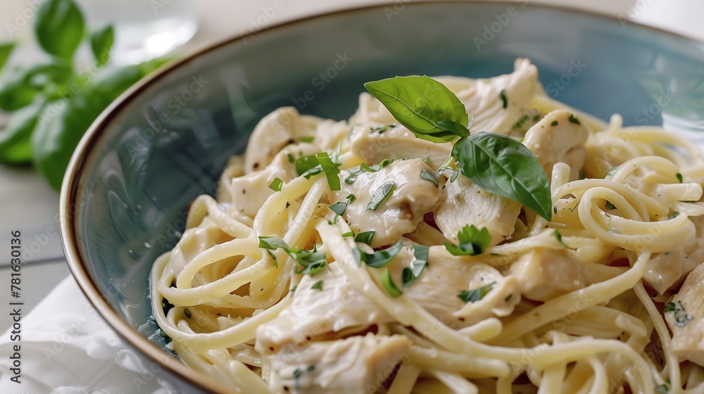 Pasta with spinach in a bowl. An Italian spagetti dish, close up, parmesan cheese, food photography. Generated by artificial intelligence.