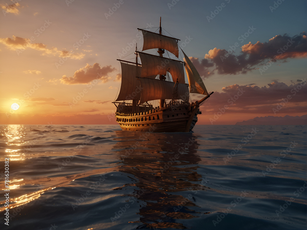 Fototapeta premium An ancient wooden ship sails the waves.