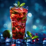 A vibrant crimson cocktail filled with ice and mint leaves, sparkling against a backdrop of festive lights.