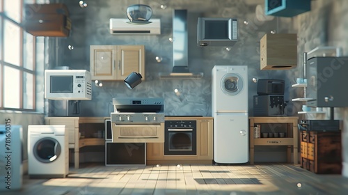 Kitchen appliances floating in the air, including a refrigerator, oven, microwave, hood, air conditioner, and washing machine. photo
