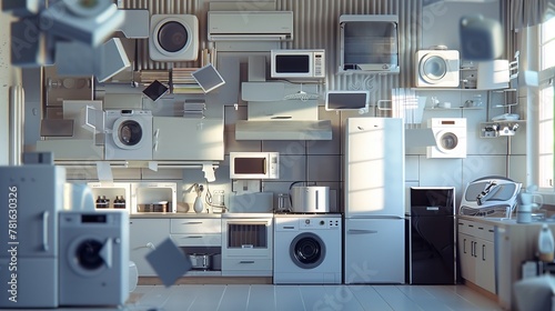 Kitchen appliances floating in the air, including a refrigerator, oven, microwave, hood, air conditioner, and washing machine.