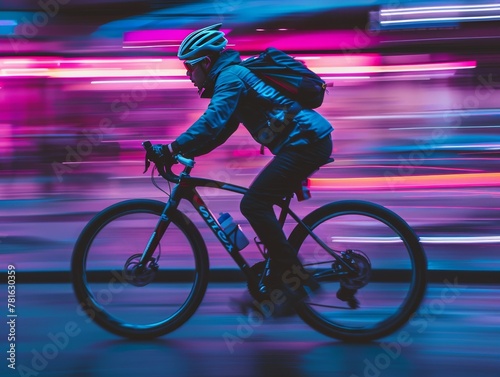Cyclist speeds through a neon-drenched cityscape at night, captured in a dynamic blur of lights and motion.